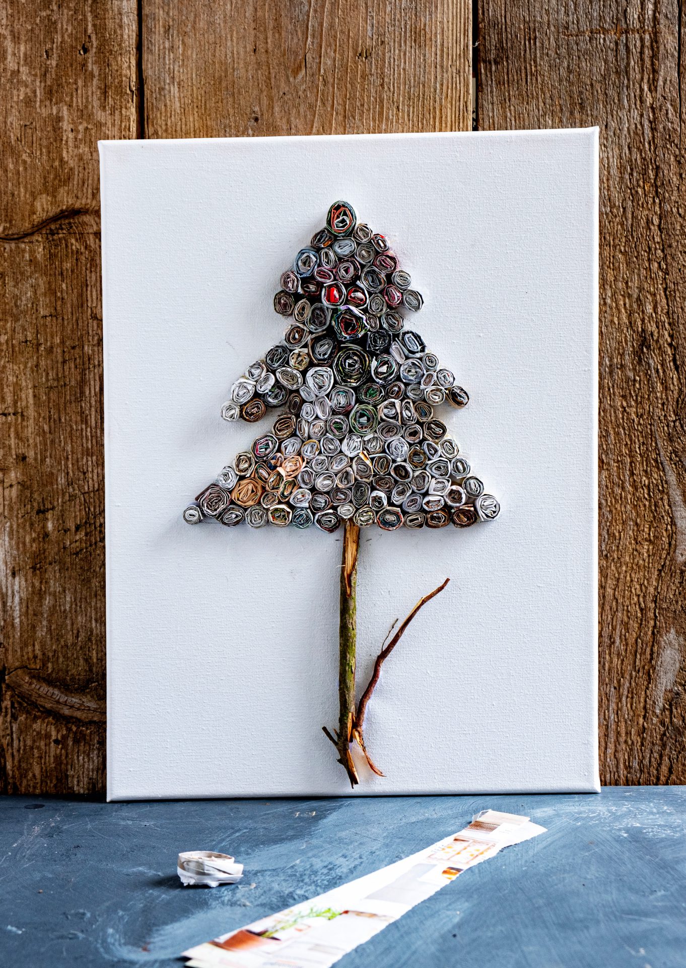 Diy recycling kerstboom wanddecoratie op canvas