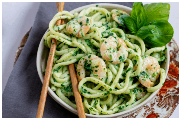 Garnalen met spinazie en pasta