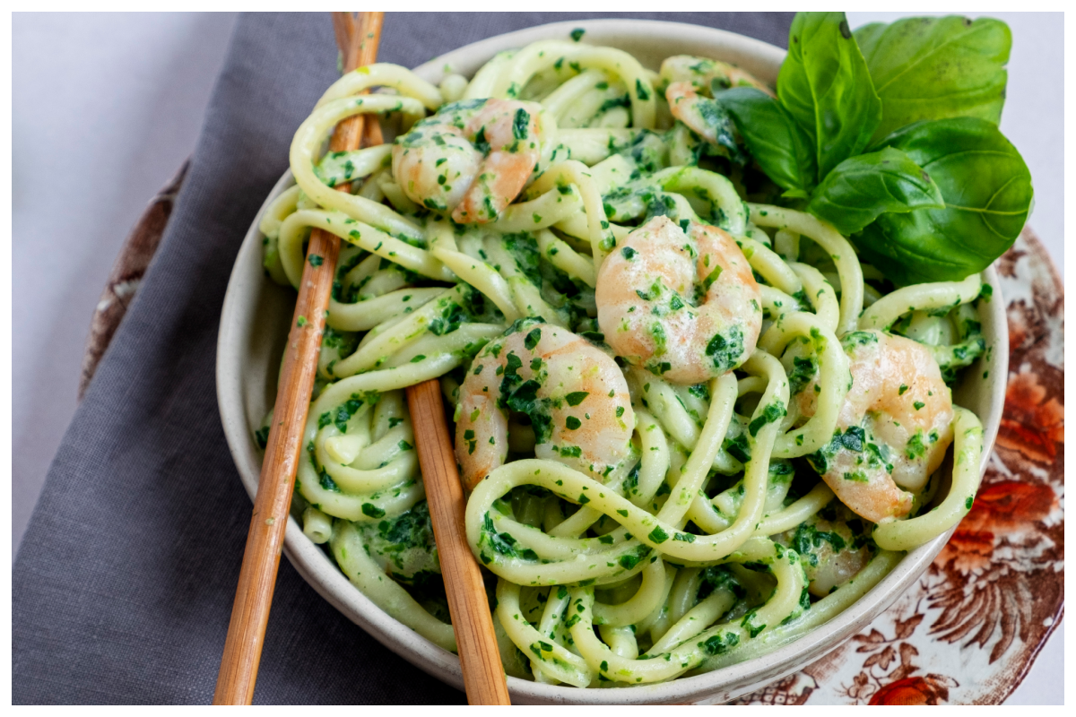 Garnalen met spinazie en pasta