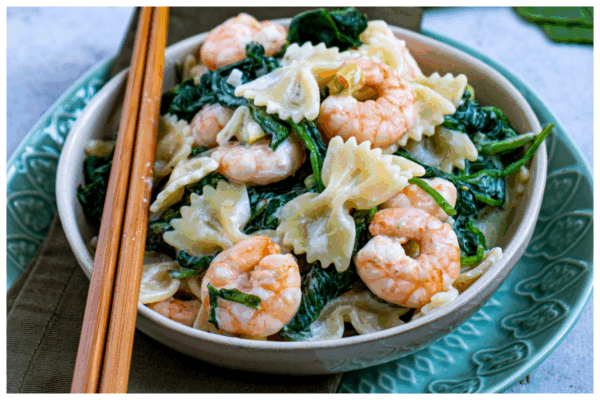 Garnalen met spinazie en pasta