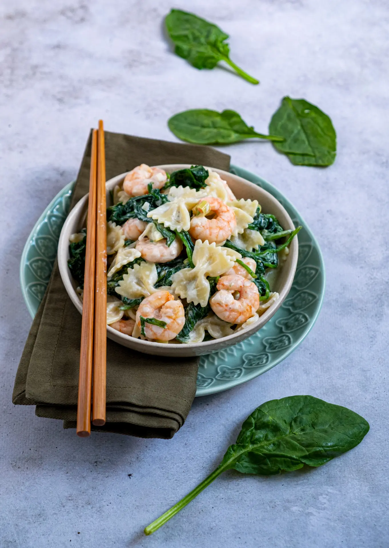 Garnalen met spinazie en pasta
