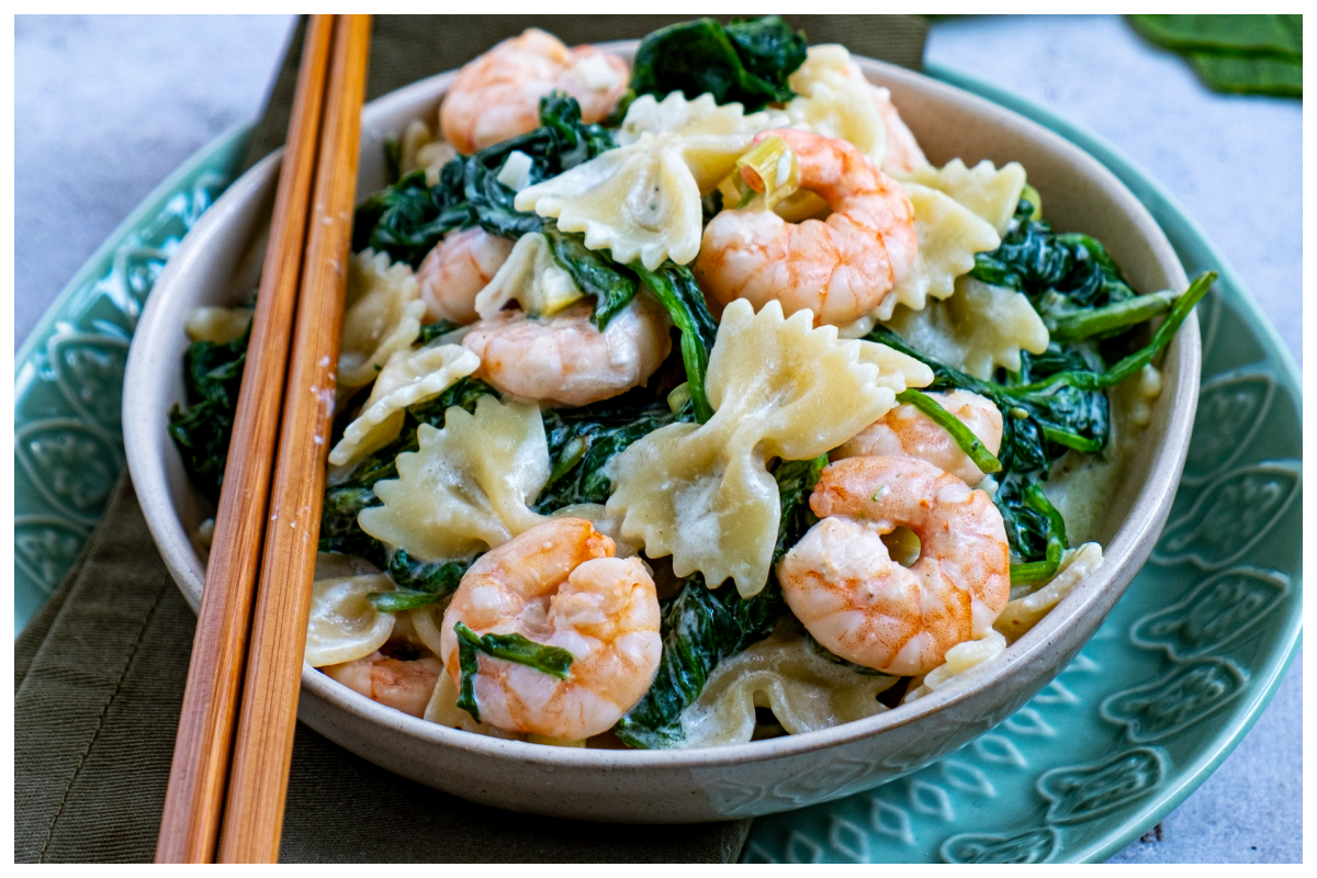 Garnalen met spinazie en pasta