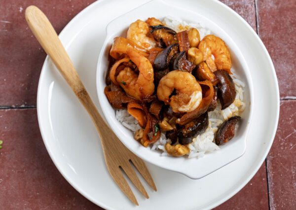 Wok garnalen met aubergine