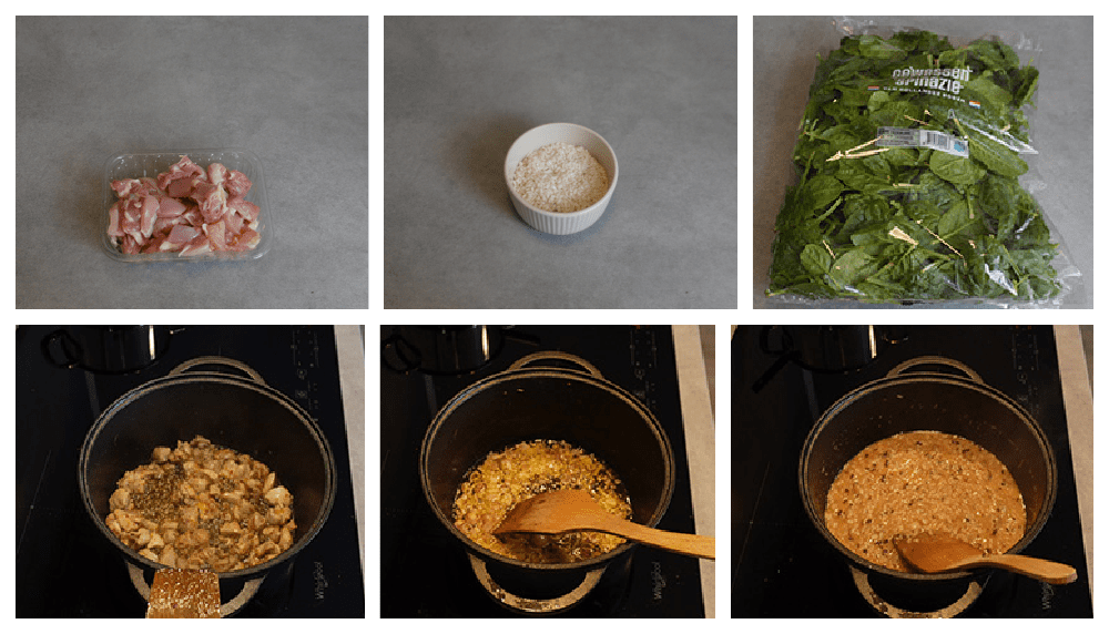 Ingrediënten voor 3 personen: Kippendijen met risotto en verse spinazie