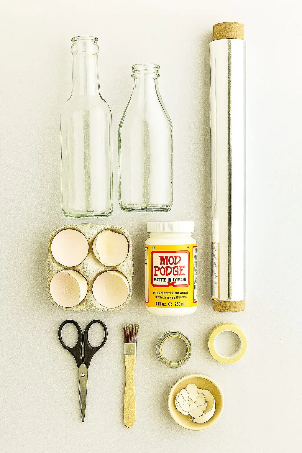 Eierschalen, Lege glazen flessen, Mod Podje, Schaar, Kwast, Plakband, Aluminiumfolie