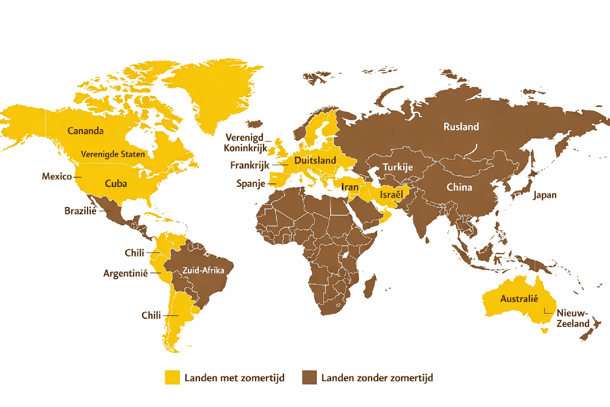 wereldkaart met zomertijdlanden